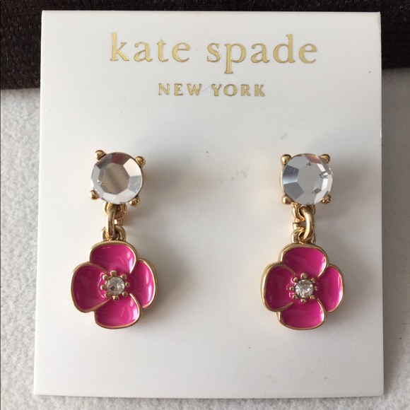 NWT Kate Spade Bougainville Drop Dangle Pierced Earrings- Pink Enamel Crystals.